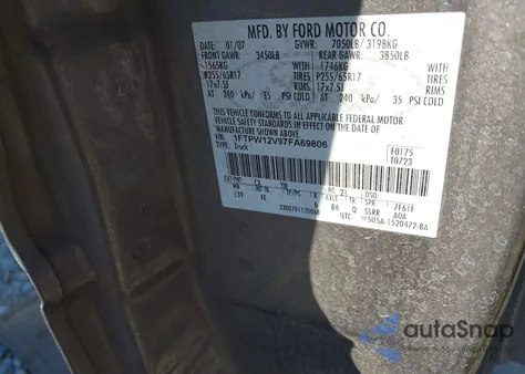 2007 Ford F-150 Lariat/Xlt from USA, damaged, VIN 1FTPW12V97FA69806